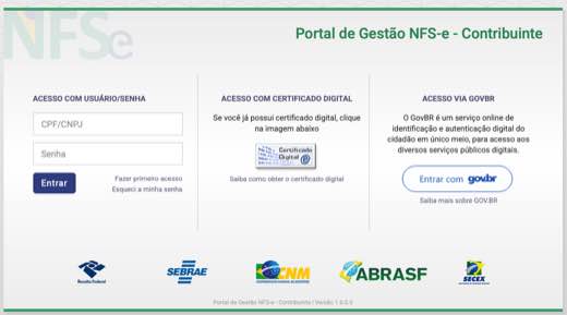 Portal de Gestão NFS-e — Contribuinte: tela de acesso por usuário/senha, certificado digital ou gov.br